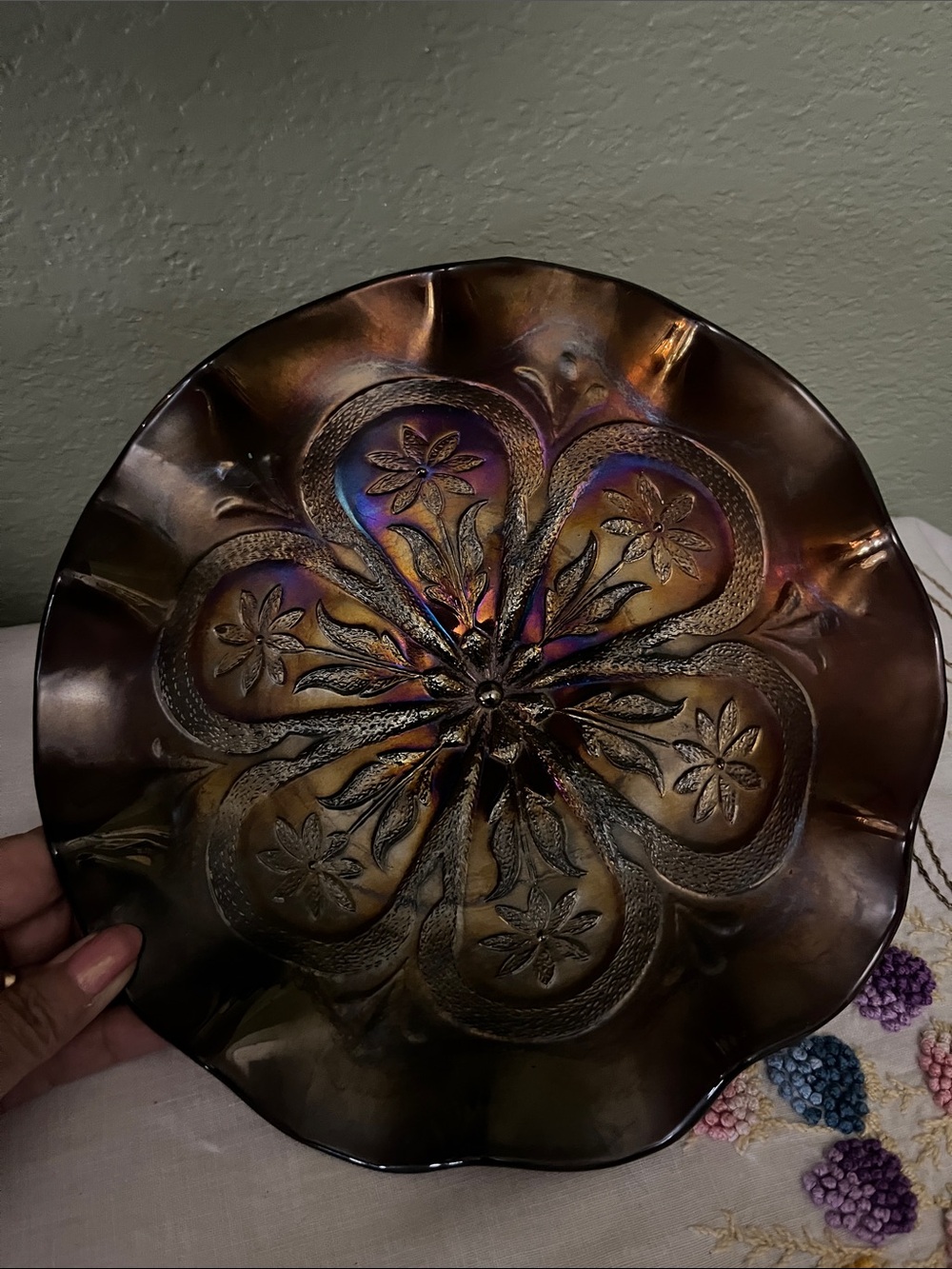 Antique Dugan “Flowers & Frames” Black Amethyst Carnival Ruffled Bowl 1900s